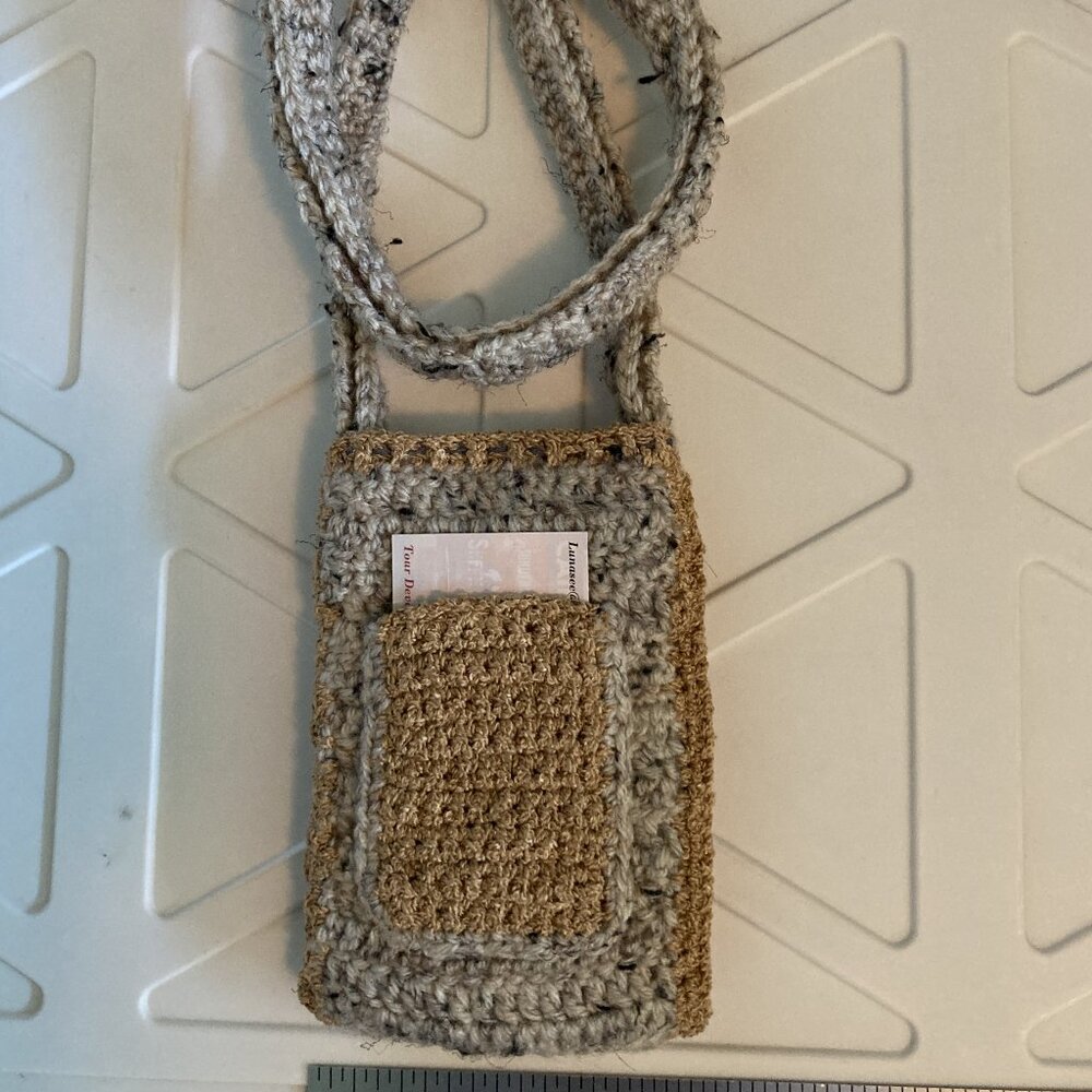 Crochet Phone Bag - Hand crafted - Beige & Gold